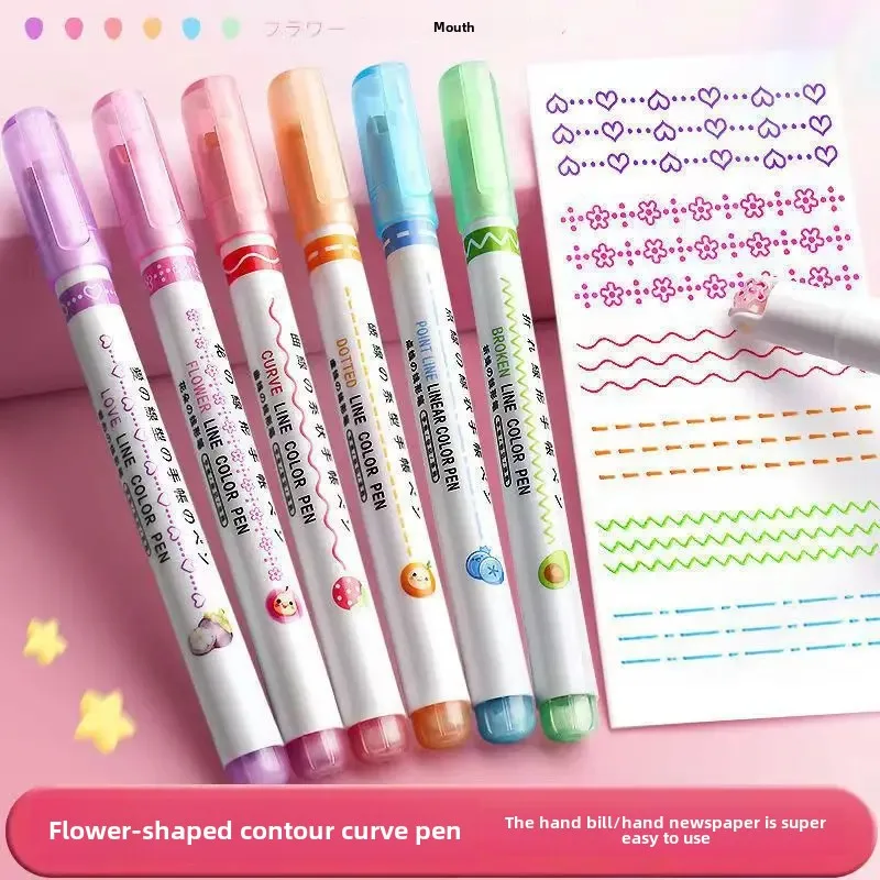 3/6PCS Flower Shape Outline Pens Highlighter Marker Curve Roller Tip Pen Stationery Graffiti School Acsesories Gift