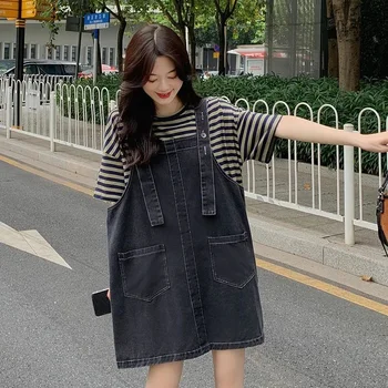 plus Size 300 Pounds Women's Korean Style Denim Overalls Set Summer Casual Striped Top Bottoms Conceal Meat Anti-Aging Two-Pi...
