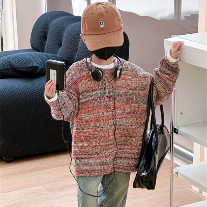 

Свитер шерстяной для мальчиков, вязаный крючком хлопковый непродуваемый теплый утепленный пуловер 2023 овальной формы на осень и зиму, детская одежда для подростков