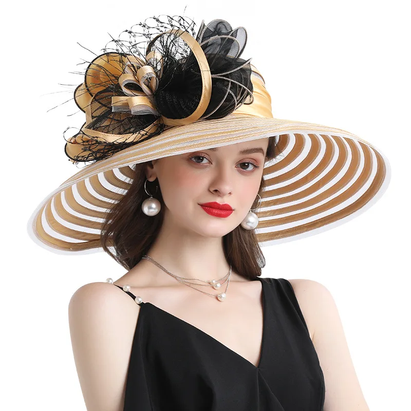 

Classical Foldable Stripe Big Flower British Style Elegant Wide Brim Church Bride Wedding Party Organza Fedora Hat For Women