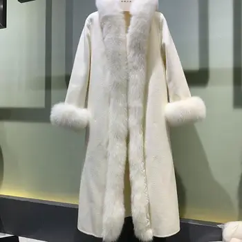 2023 Woolen fur,Luxury Real Fox Fur Trim And Cuff Cashmere Blend Maxi Long Coat For Women European Style Chic Loose Hooded Real