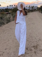 Clacive Summer White Linen Two Piece Set For Women 2023 Fashion Sleeveless Tank Top New In Matching High Waist Wide Pants Set - Image 3