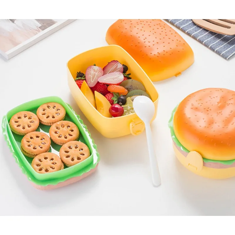 Cute Double-layer Hamburger Lunch Box Food Grade Student Children Lunch Box Microwave Heatable Bento Boxs Outdoor Food Packaging
