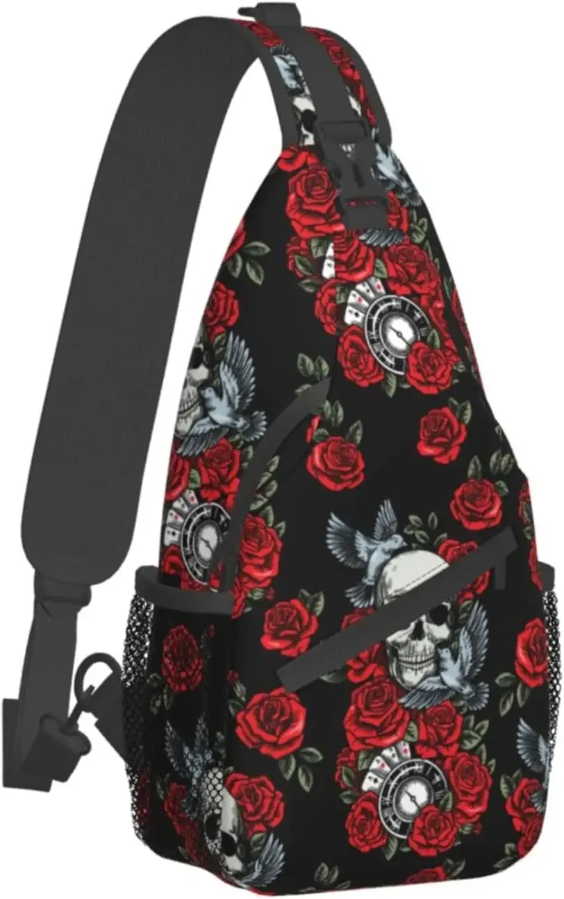 

Sling Bag Skull Bird Red Rose Gothic Hiking Daypack Crossbody Shoulder Backpack Travel Chest Pack for Men Women Over 12 Years