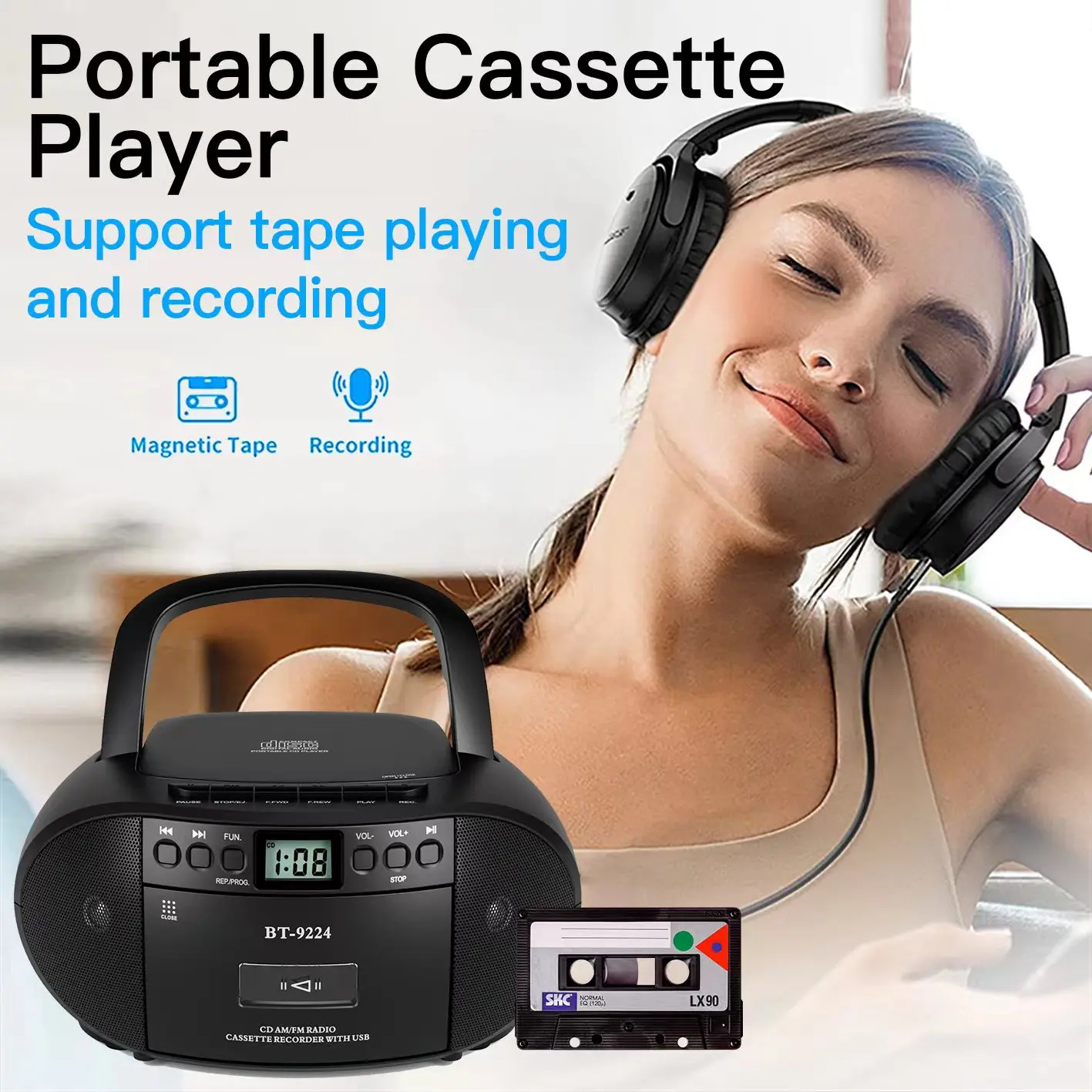 CD and Cassette Player USB Bluetooth Boombox AM/FM Radio Stereo Sound Remote Control Tape Recording portable cd player portable cassette player