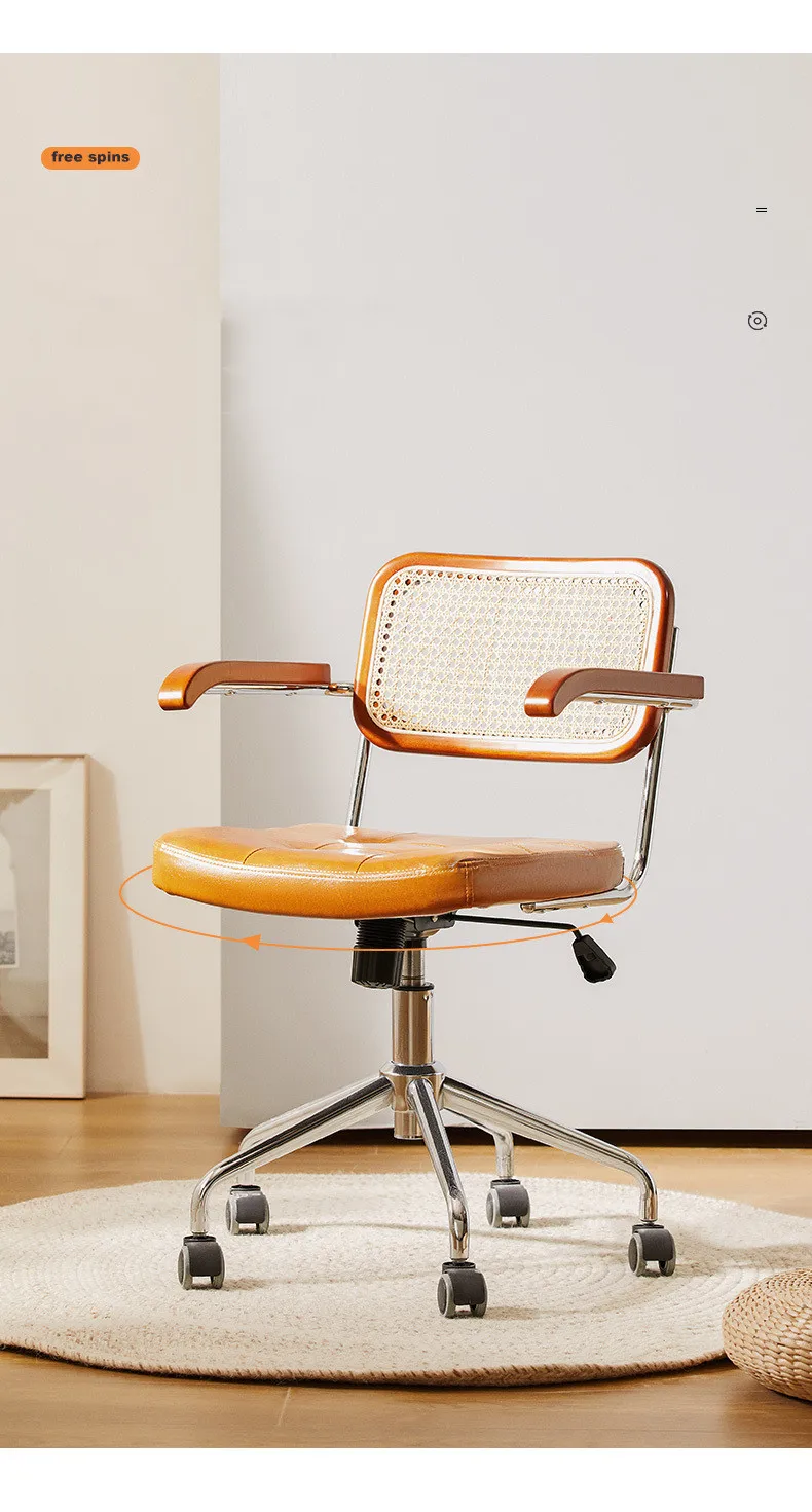 Description Picture 4 of itemRetro PU Leather Bamboo Woven Backrest Chair Office 360-Degree Swivel and Lift Computer Chair Study Office Chair Single Seat