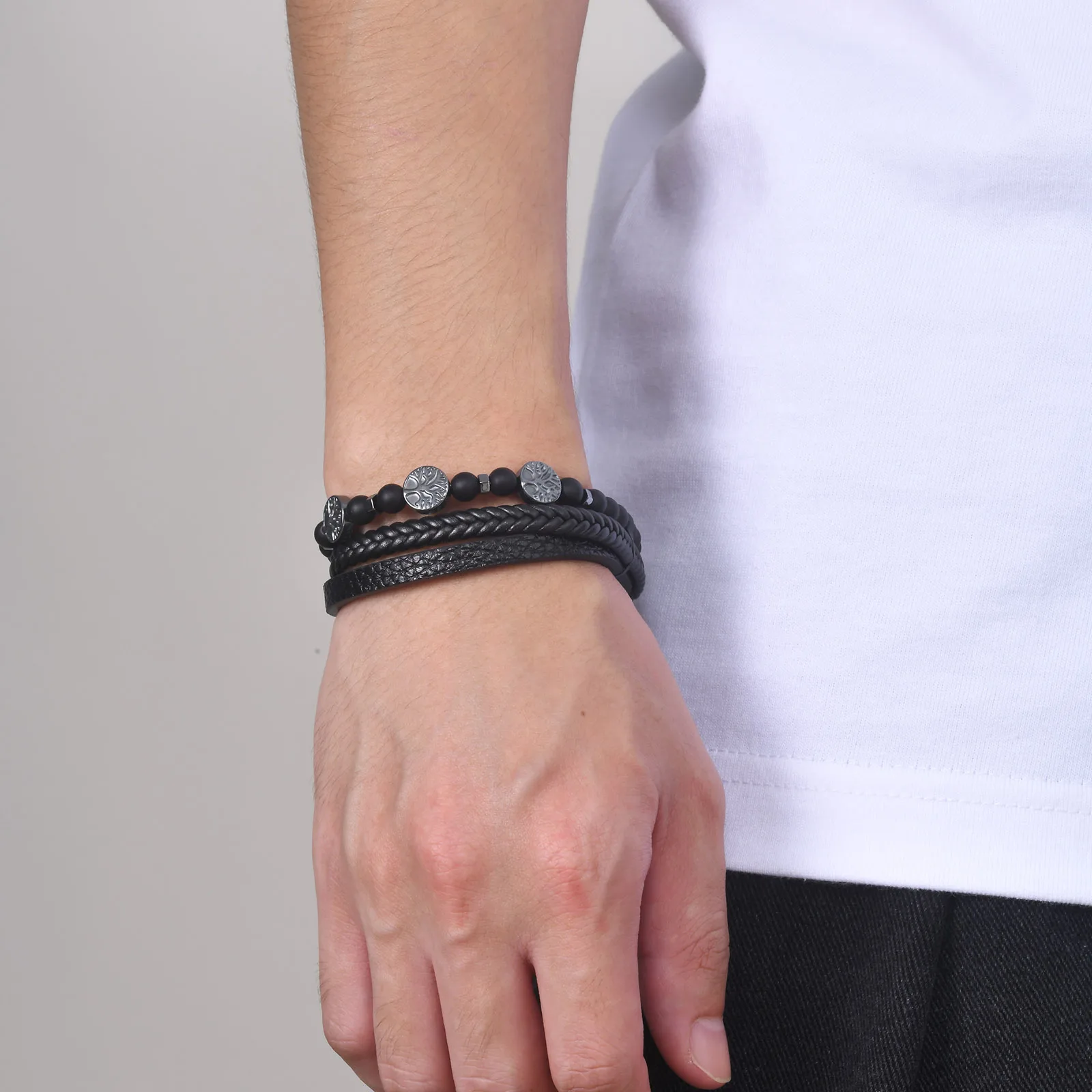 Tree of Life Leather Bracelets for Men Dad Father Grandfather BFF, Black Braided Rope Chain Multi-Layers Wristband Gift Jewelry