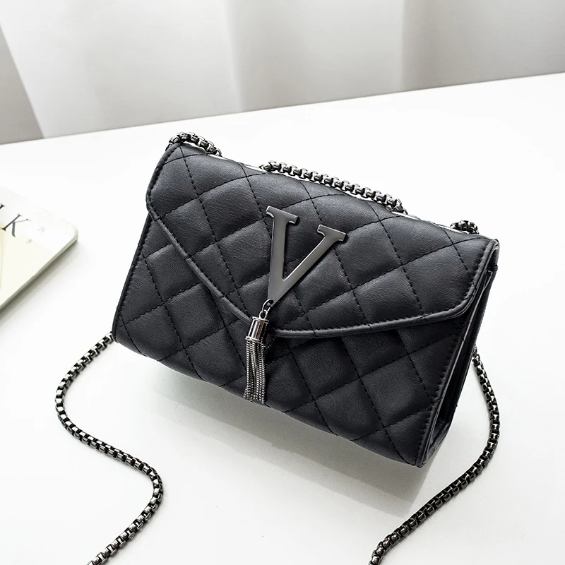 Black Luxury Handbags And Purse Women PU Leather Messenger Shoulder Bag Plaid Female Crossbody Bag Tassel Quilted  Brand