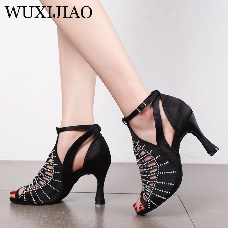 WUXIJIAO New dance shoes ballroom latin dance shoes women with rhinestones salsa tango shoes blue women's wedding shoes
