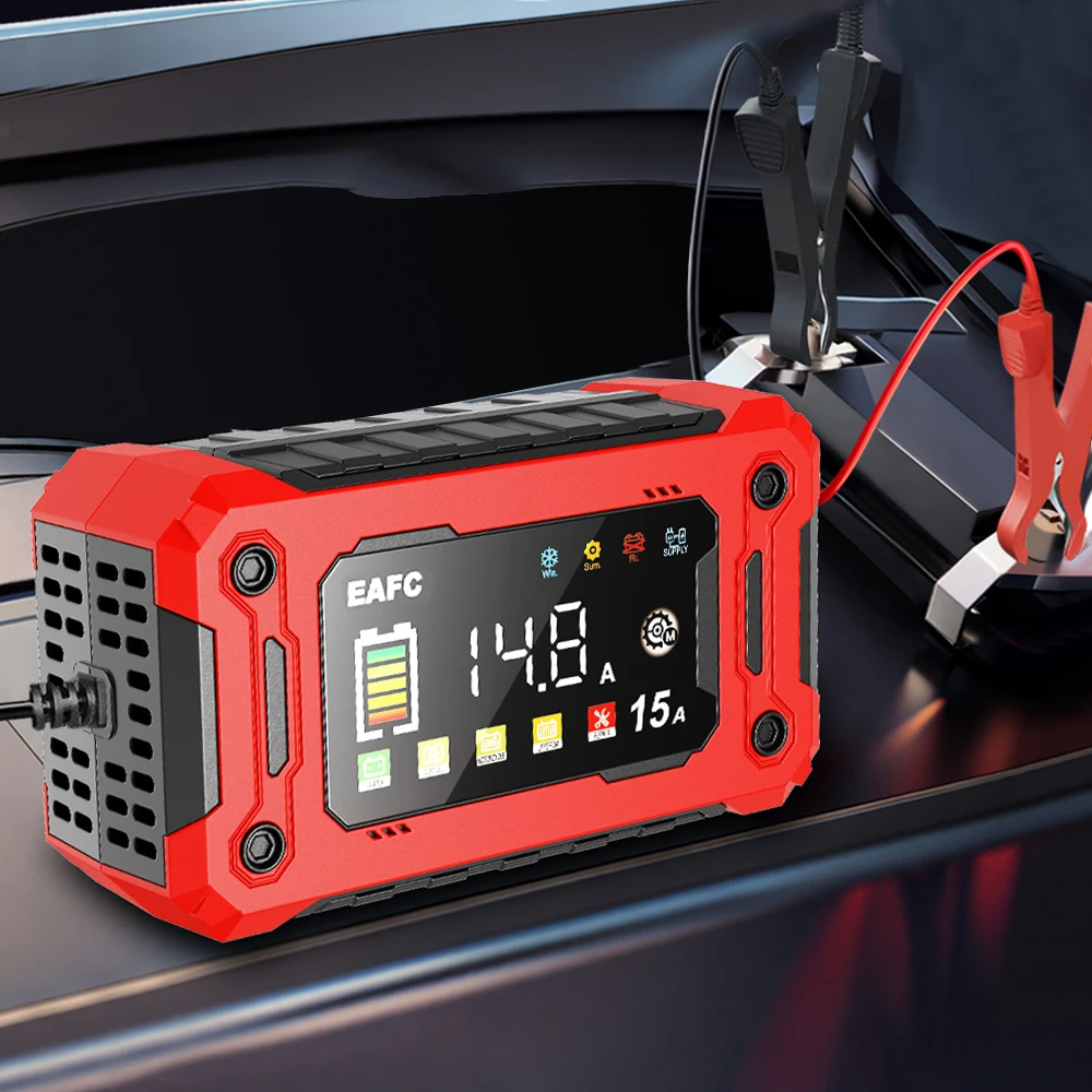 Smart 12V 15A Battery Charger with Large LCD Display for Various Vehicles and Battery Types
