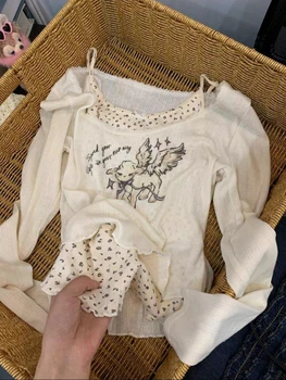 Sweet Korean Y2k Lace Long-sleeved T-shirt Female Fall Outside The Design Sense Printing Slim Thin False Two Pieces of Tops 1