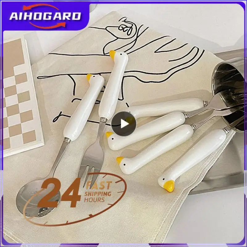 Red Cartoon Stainless Steel Spoon Goose Head Tableware Set Portable Ceramic Handle Cute Cat Claw Spoon Fork High Color Value