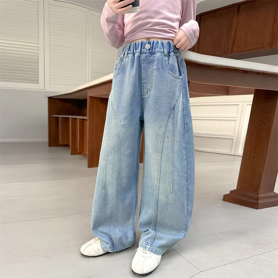 새로운 봄 어린이 세련된 크리스탈 장식 청바지 소녀를위한 패션 곡선 데님 바지 어린이 캐주얼 스트레이트 바지