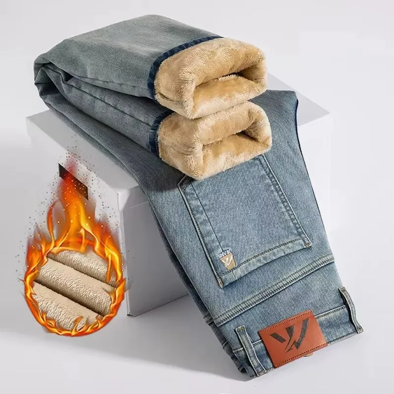 2025 Winter New Men's Fleece Thickened Jeans Retro Blue Hot Straight Casual Pants Stretch Premium Velvet Warm Denim Pants 1