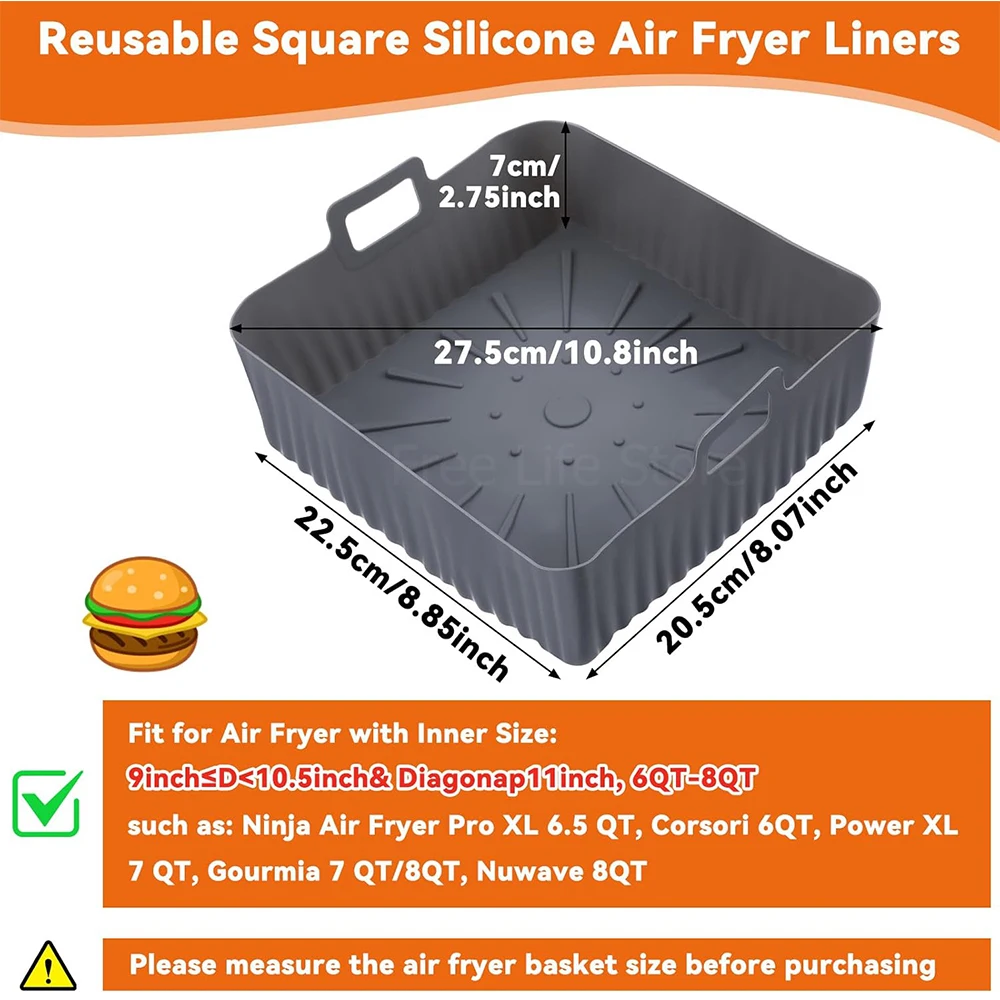 Air fryer liners air fryer accessories Large 23cm Air Fryer Silicone Liners 9 Inch Square Airfryer Baking Tray for Corsori Corsori Ninja 6-8QT Air Fryer Accessories