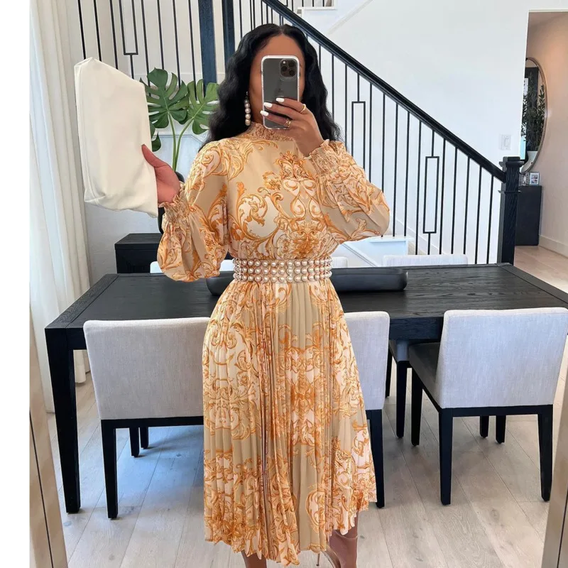 

African Print Dress Fashion Pearl Belt Printed Pleated Lantern Sleeves Chiffon Half High Neck Loose Casual Female Dress No Belt