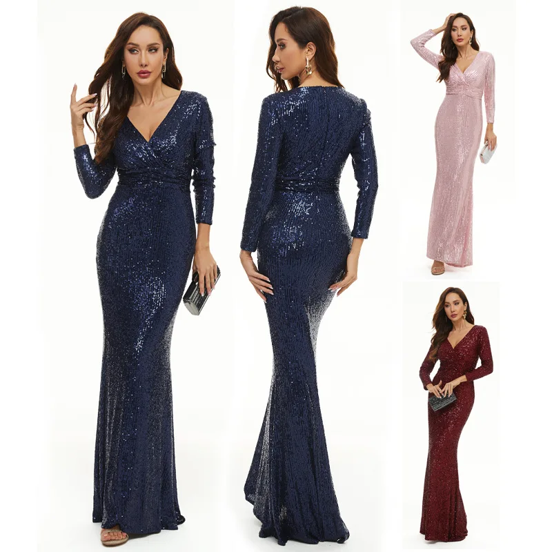 

Long Sleeve V Neck Sequin Mermaid Dress Host Banquet Evening Dress Women Long Dress Bridesmaid Dress Toast Dress Party Dress