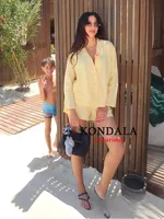 KONDALA Casual Chic Women Yellow Suit V-Neck Full Sleeve Single Breasted Blouse Elastic Shorts Fashion 2025 Spring Summer Set - Image 4