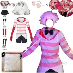 Angel Dust Cosplay Fantasy Anime Cartoon Hotel Disguise Costume Gloves Bow Tie Pink Dress Outfit Women Halloween Roleplay Cloth