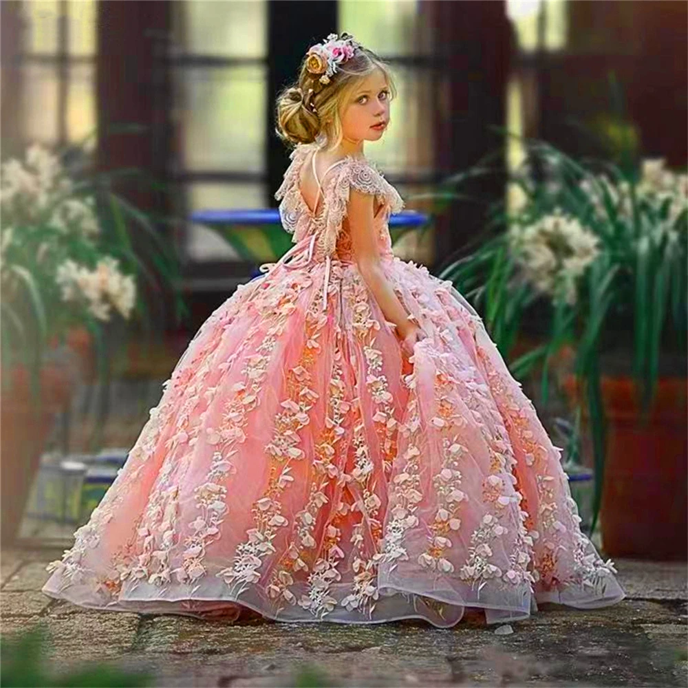 

Pink Angel Sleeveless Tulle Lace Decal Flower Girl Dress Princess Ball First Communion Dresses Surprise Birthday Present