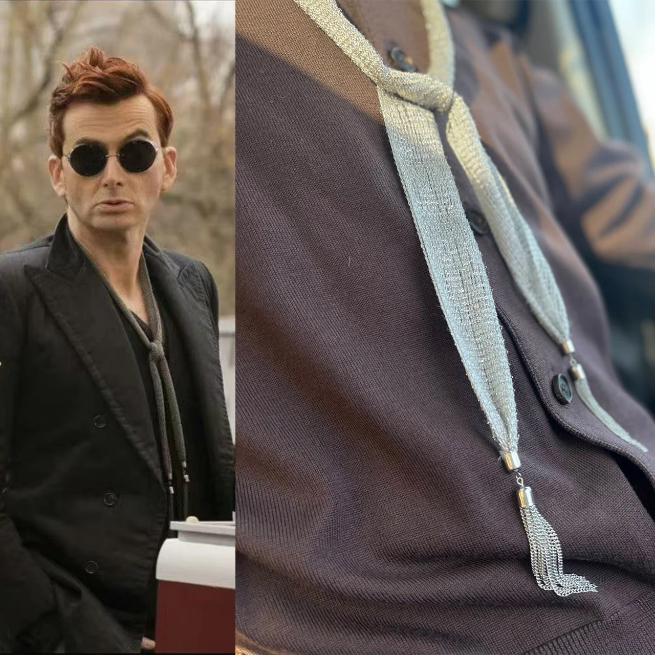 Neck Tie Good Omens Crowley Cosplay Silver For Halloween Party