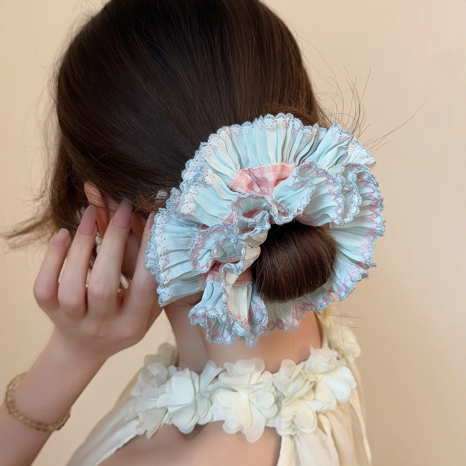 Blue Checkered Lace Elastic Hair Scrunchie - Oversized 14CM Hair Accessory