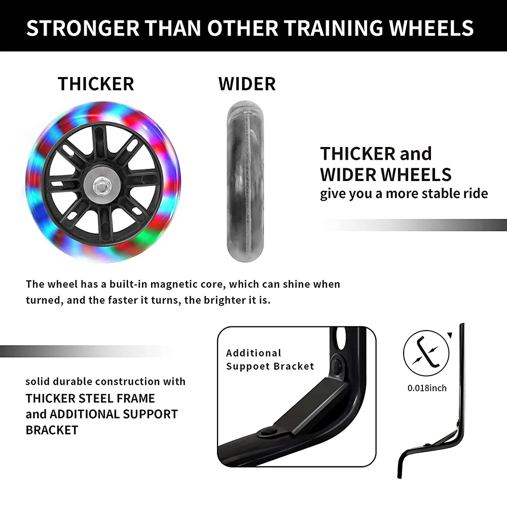 Bike Training Wheels Mute Flash Wheels Adjustable Bicycle Stabilizer Mounted Compatible 12-20 inch Kids Boy Girls Bike