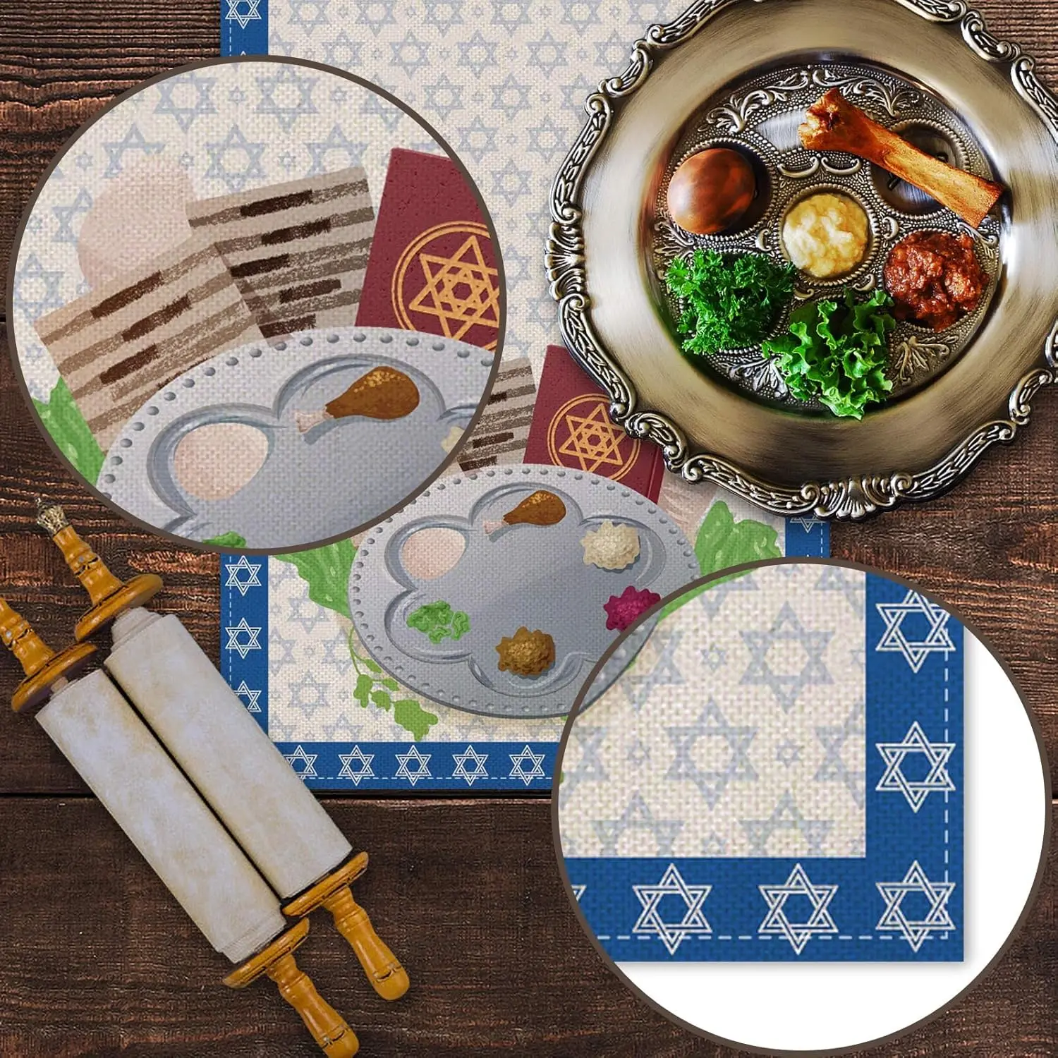 Happy Passover Linen Table Runner – Star of David Pesach Table Decor 5