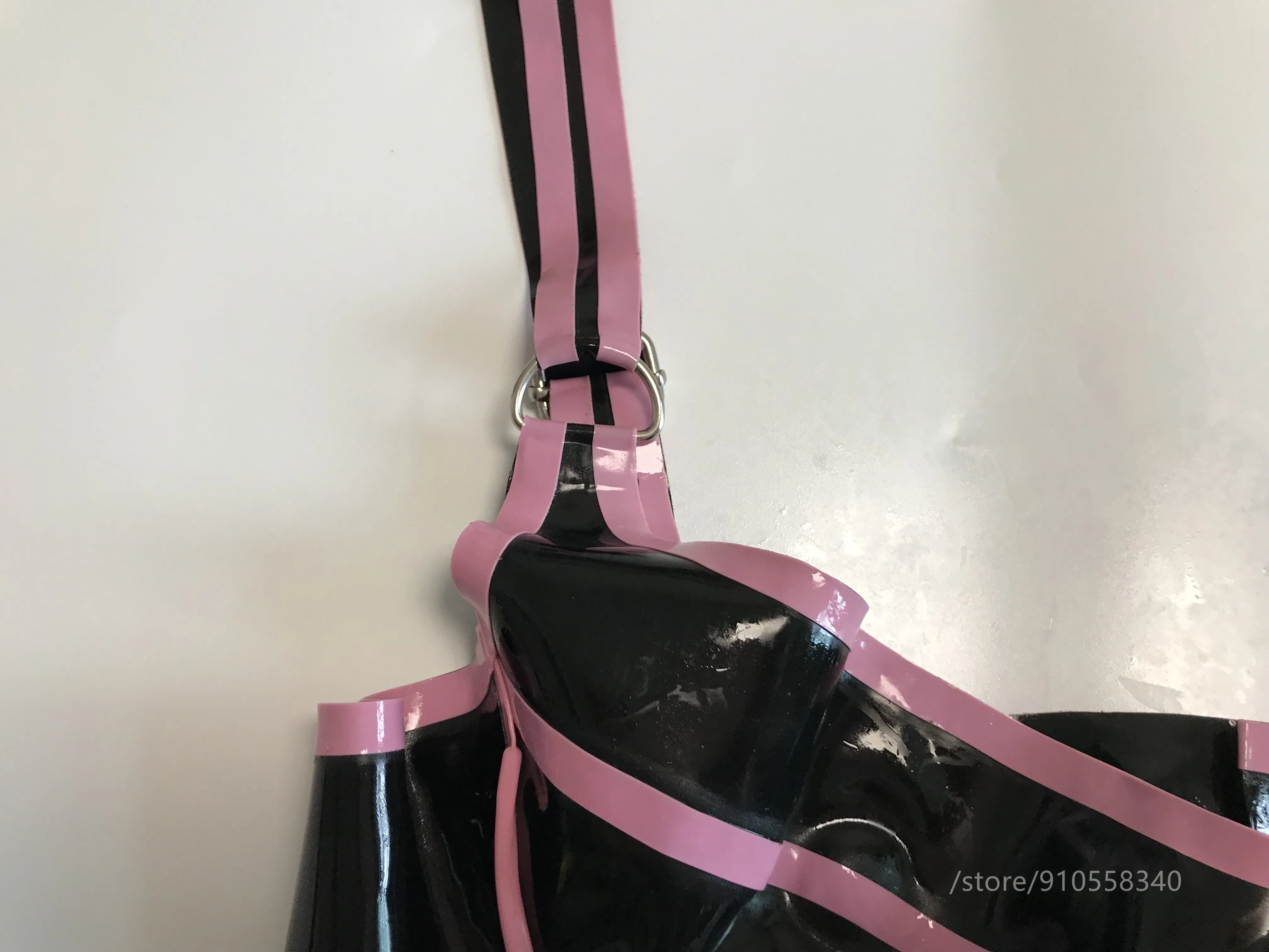 Sexy Lingerie Black Women Latex Bra Fetish Rubber Underwear with Pink Trim Made