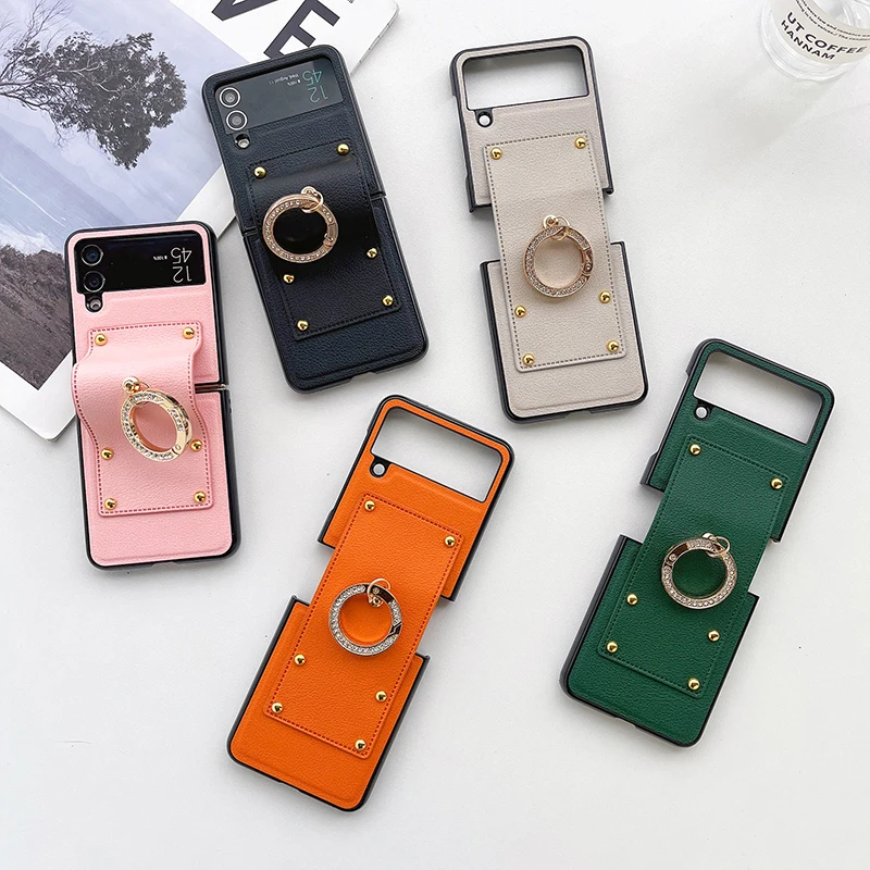 Bling Diamonds Finger Ring Buckle PU Leather Shockproof Phone Case