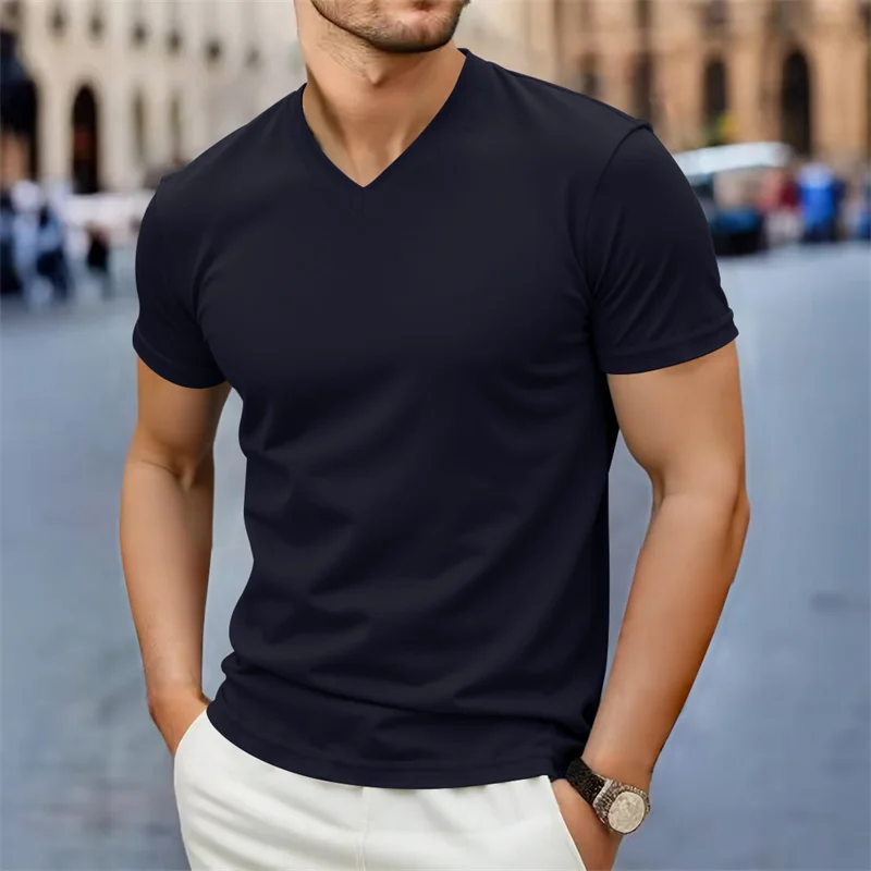 2025 Neue Herren Casual Mode Einfaches V-Ausschnitt Kurzarm-T-Shirt Sommer Bequemes Atmungsaktives Vielseitiges Oberteil – Detail 7