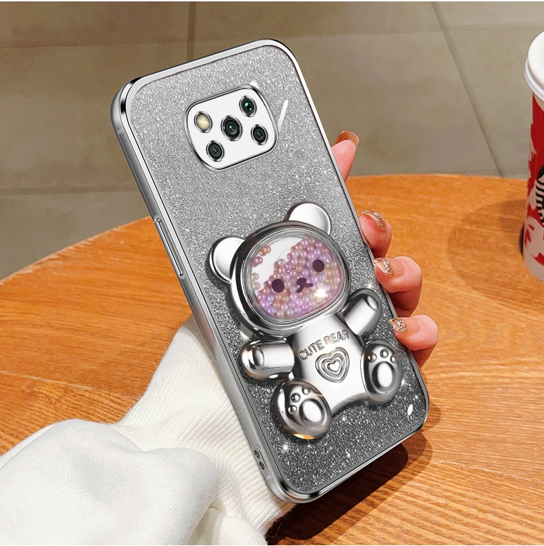 pokox3 x5 Quicksand Bear Glitter Holder Phone Case On For Xiaomi Mi Poco X5 GT NFC X3 M4 M3 M2 Pro Stand Cover F4 F5 F2_voghion.com