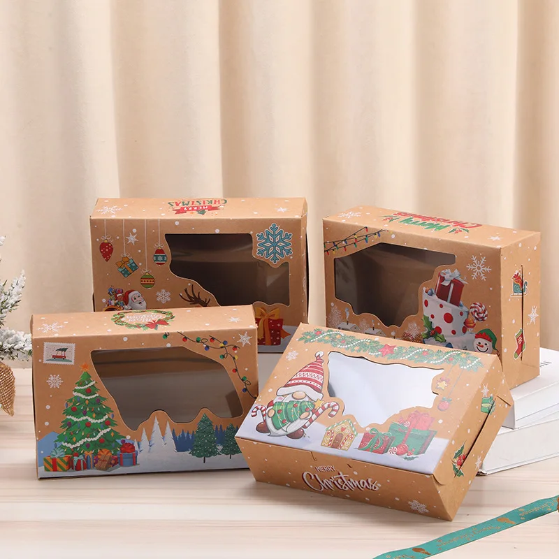 4pcs Christmas Themed Kraft Paper Gift Boxes with Clear Window Festive ...