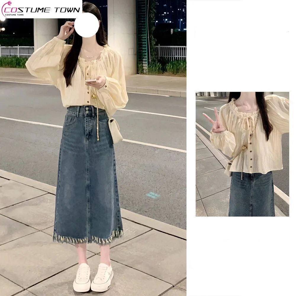 Korean Version Sweet Temperament Two-piece Set of High-end Wooden Ear Edge Beautiful Shirt Denim Skirt Two-piece Set 2023 summer short sleeved lotus leaf edge professional suit temperament fashion two piece skirt beauty guide shopping work cloth