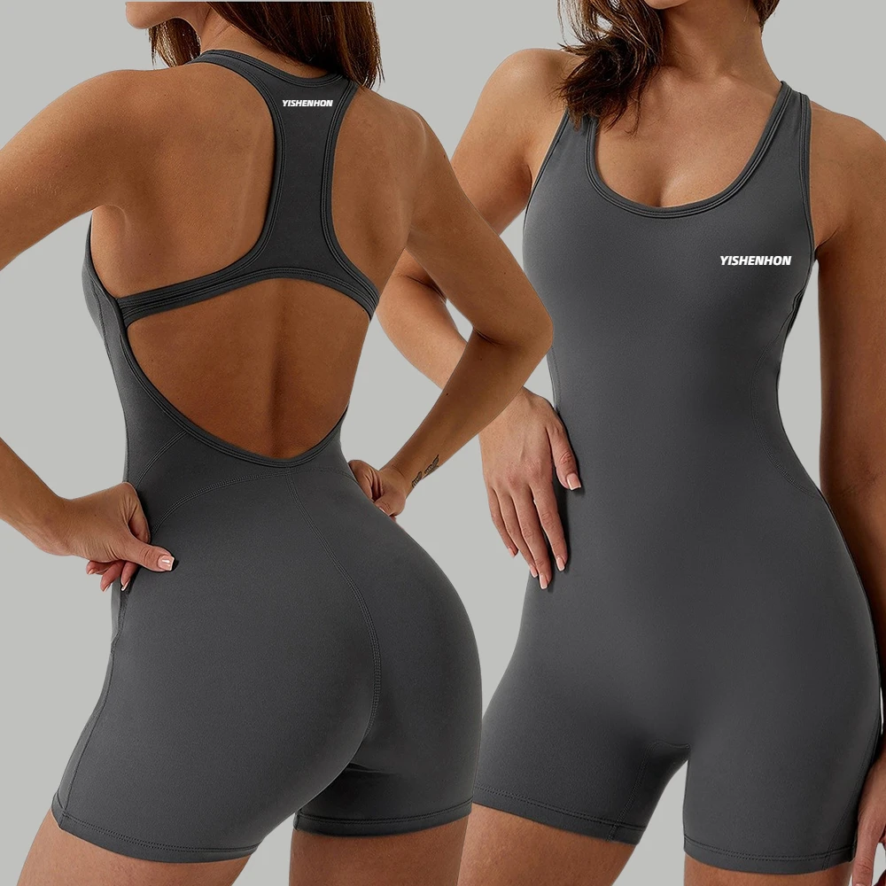 

YISHENHON Dear-Lover Custom Logo Women Solid Halter Backless Short Sport Active Wear Gym Workout Romper One Piece Yoga Jumpsuit