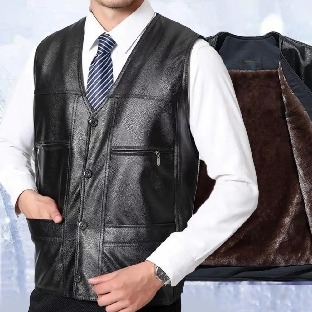 

Sleek Modern Sleeveless Vest for Men Men Faux Leather Vest Stylish Mid-aged Men's Faux Leather V Neck Vest with Plush Lining