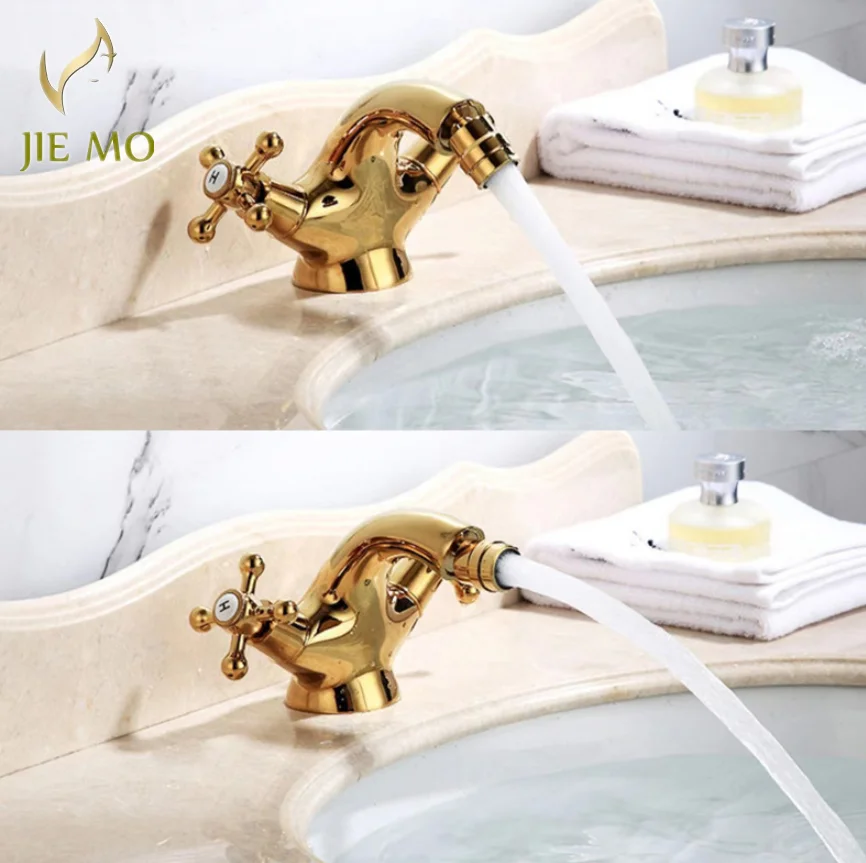 Gold Bidet Faucet Two Swivel Handles Water Bathroom Sink Brass Single Hole Deck Mounted Water