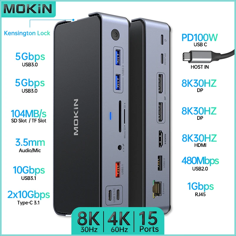 

MOKiN 15 in 1 Docking Station for Thunderbolt Laptop, Dual Channels 4K60HZ, HDMI/DP 8K30Hz, USB3.0/3.1, PD 100W, Kensington Lock