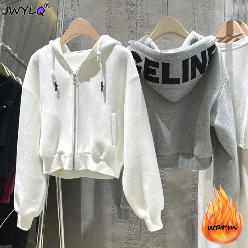 

Autumn Winter Hooded Letter Printing Zip Up Hoodie 2023 Simple Plus Velvet Warm Womens Clothing All-match Streetwear Sweatshirts