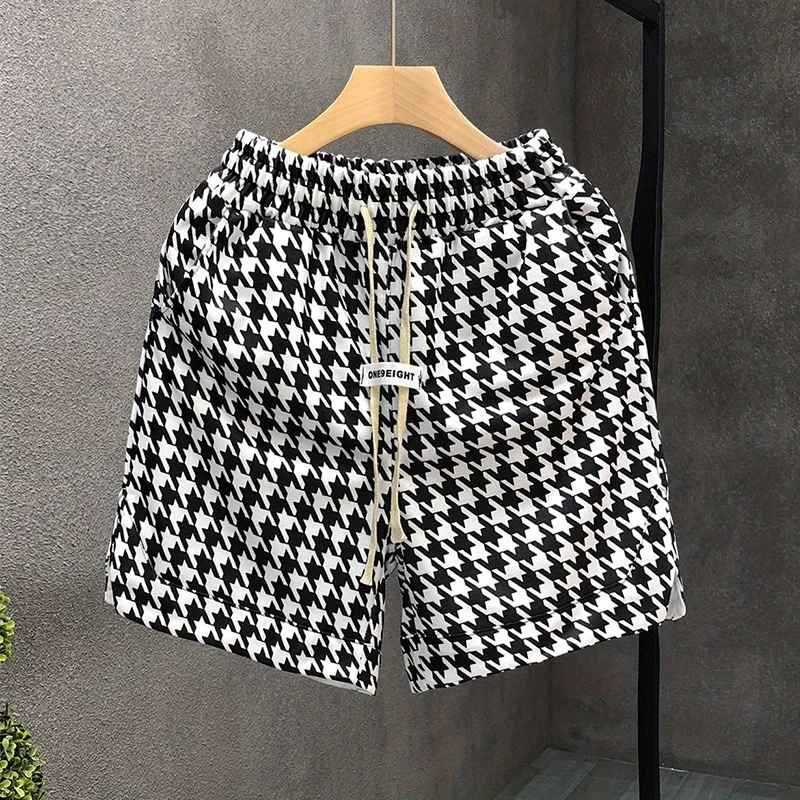 2024 New Summer American Retro Irregular Elegant Fashion Hip Hop Men's Wear Loose Casual Plaid Shorts Drawstring Y2K Chic Pants