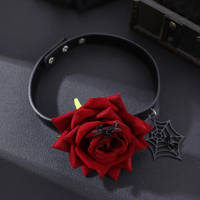 Gothic Punk Style Red Rose Necklace For Women Fashionable PU Leather Adjustable Club Party Collar Women Fashion Jewelry 2023 New