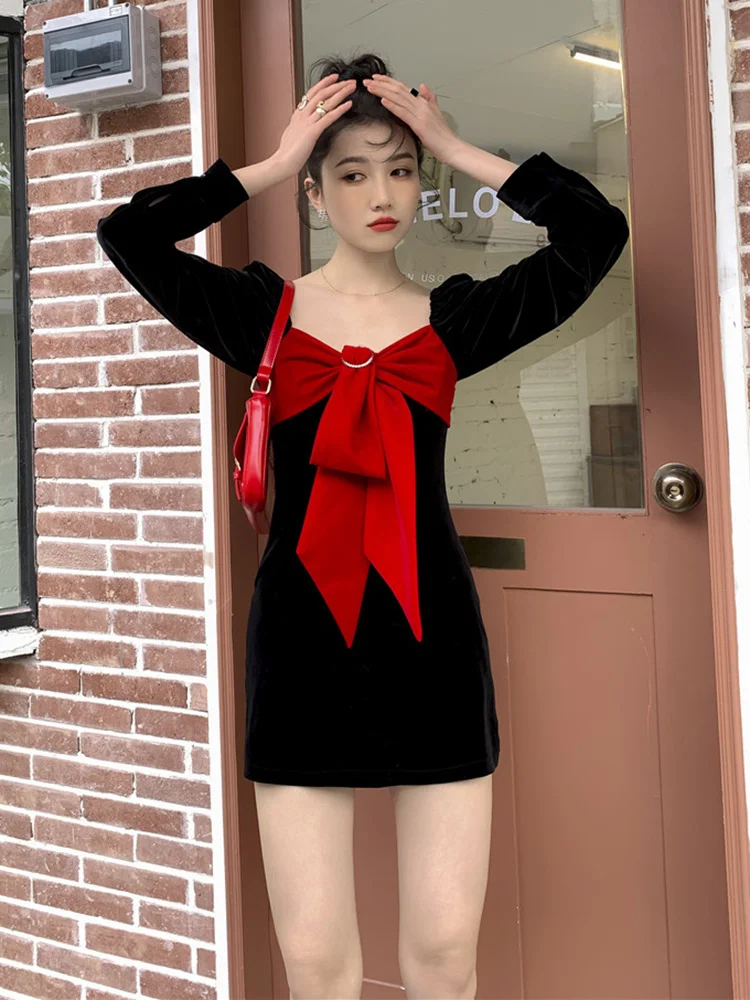 

Vintage Bow Spliced Velvet Dress Long Sleeve Square Collar Slim Mini Sweet Dresses For Women 2023 New Spring M276