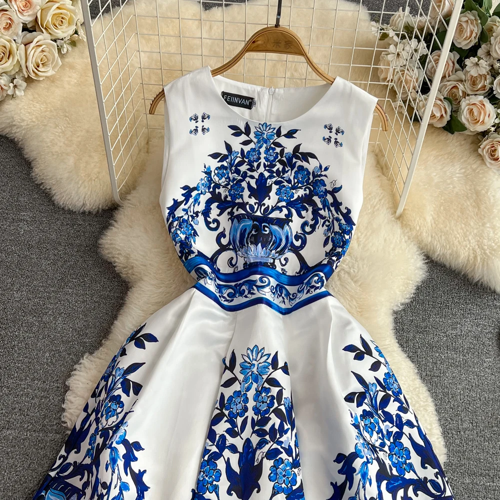 Blue And White Porcelain Print Women Vest Midi Dress O-neck