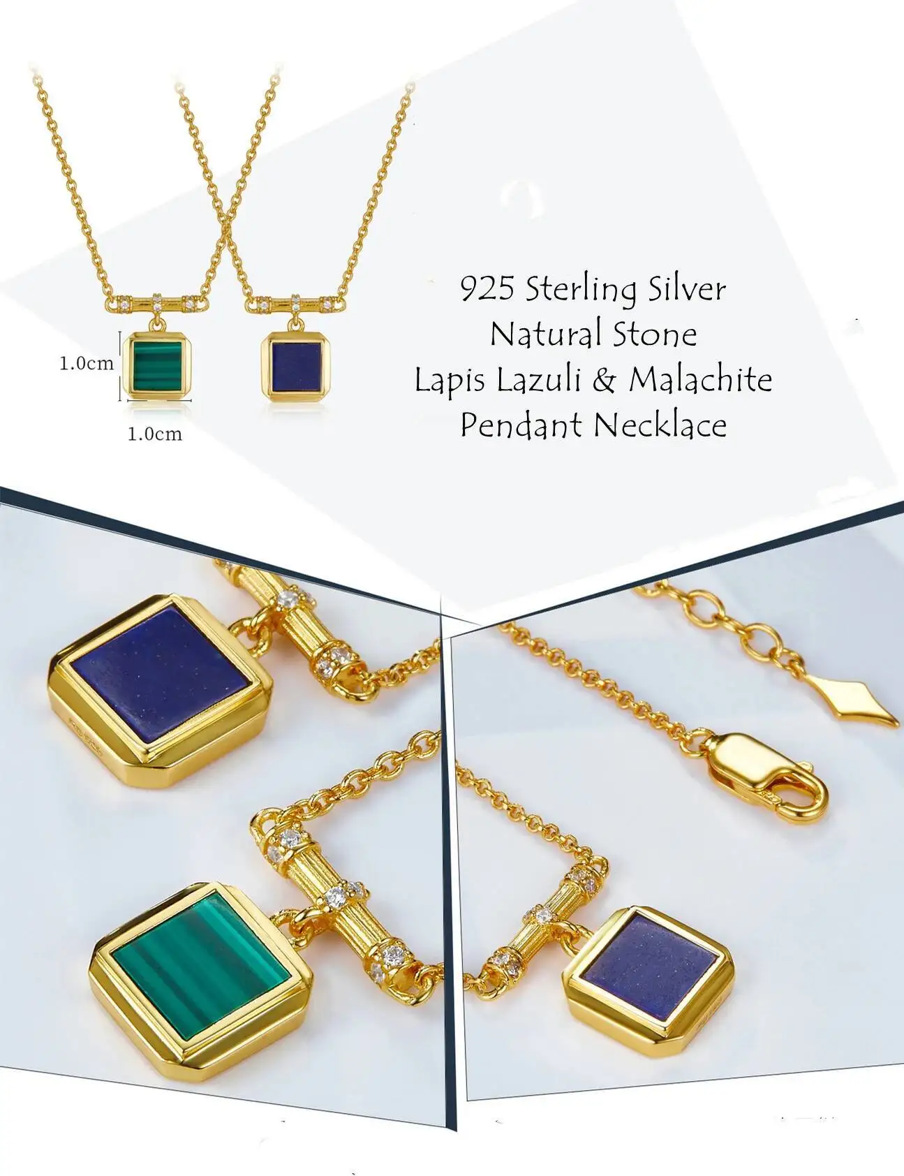 Silver 18K Gold Malachite Lapis Lazuli Square Pendant Choker Necklace