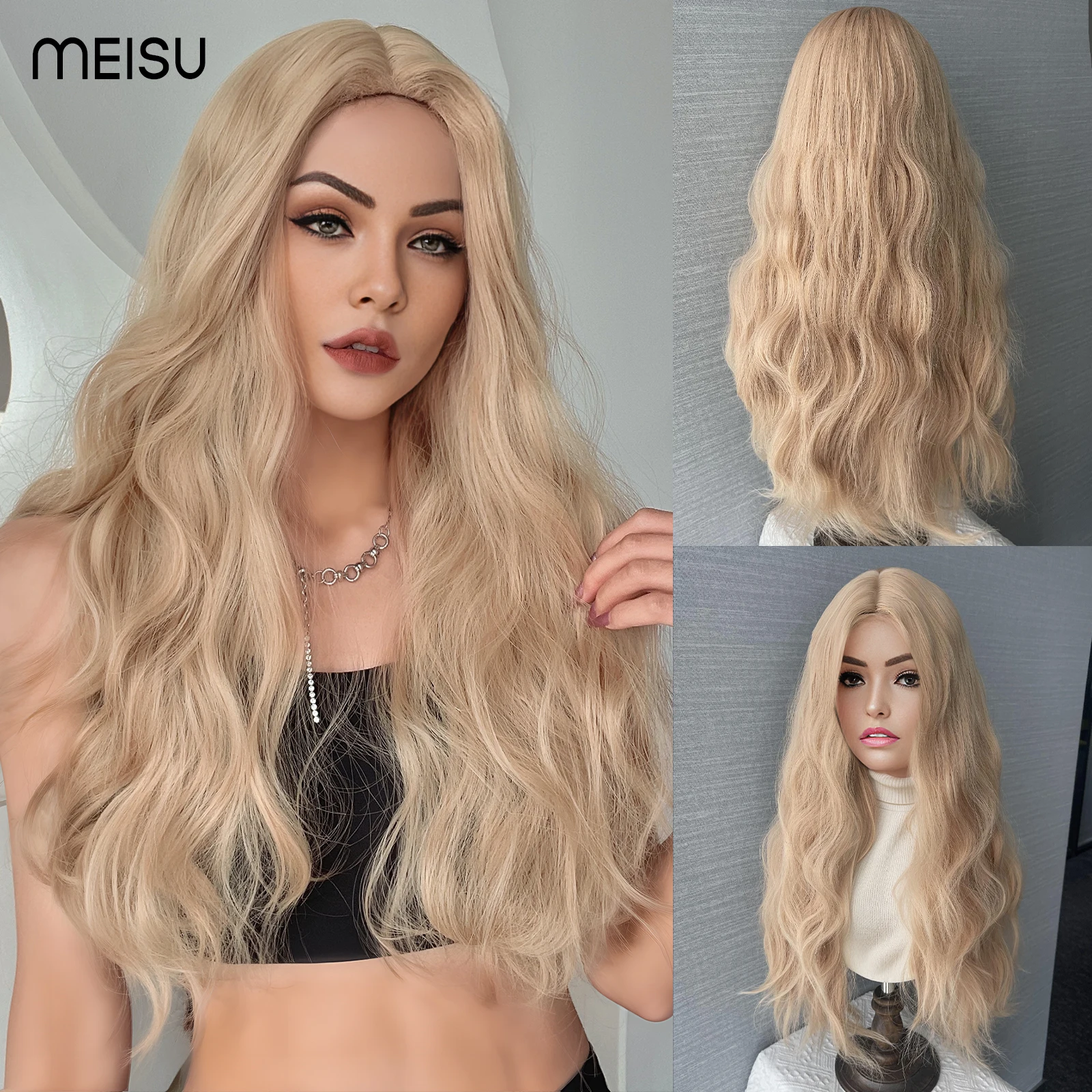 

Парик с кудрявыми волнами молочного чая золотого цвета, 26 дюймов, синтетический термостойкий парик с глубокой волной, искусственный или Селфи