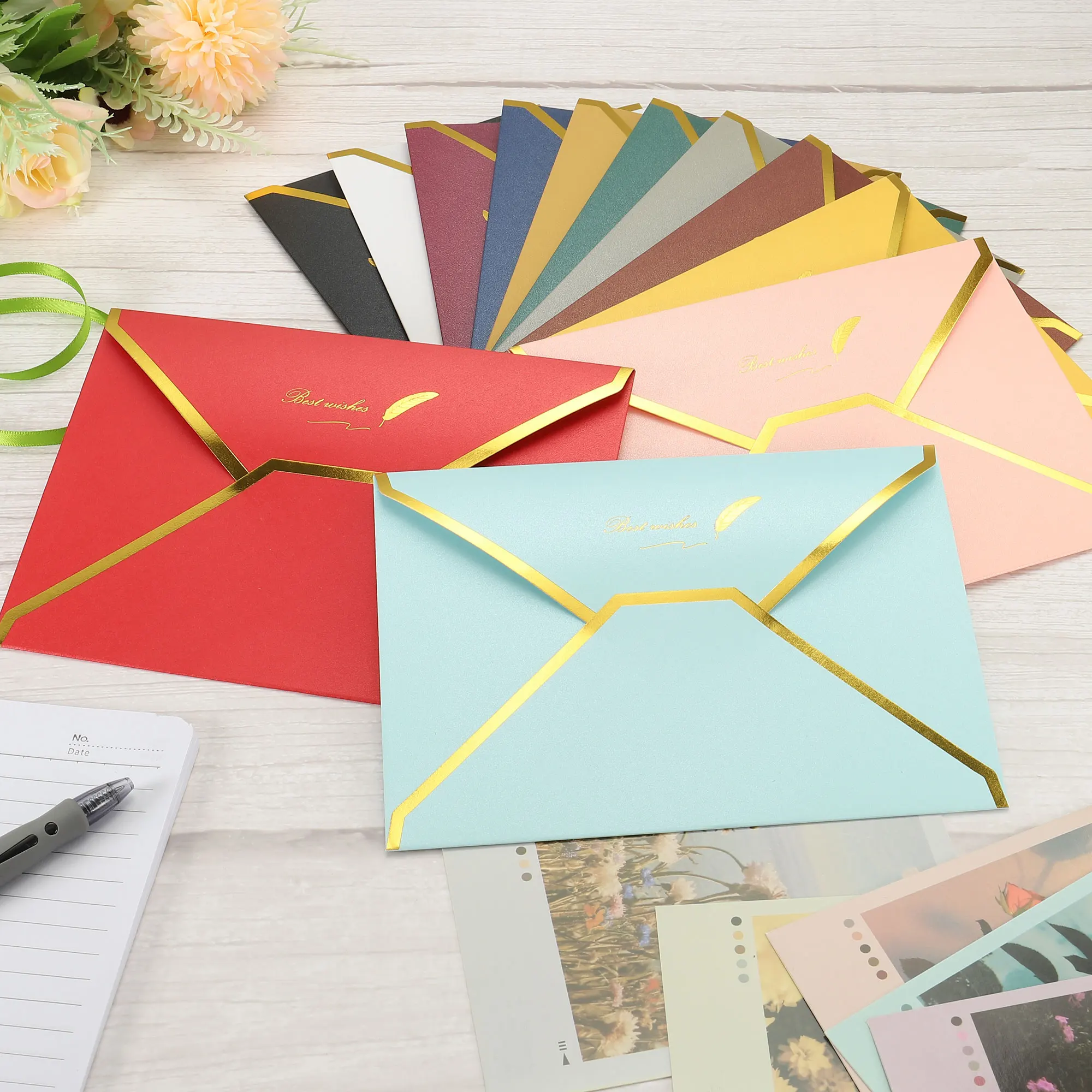 10Pcs 7 x 5'' Gold Border V Flap Greeting Card Envelopes Luxury Style Birthday Wedding Invitation Fine Texture Business Envelope