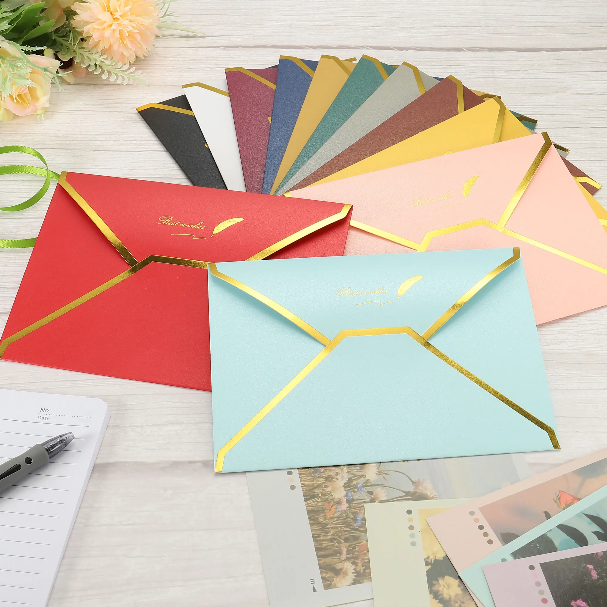Mailing Envelopes 20Pcs V Flap Envelopes 7 x 5" Pearl-coated Paper Luxury Style Gold Border Greeting Card Envelope for Wedding Party Invitation