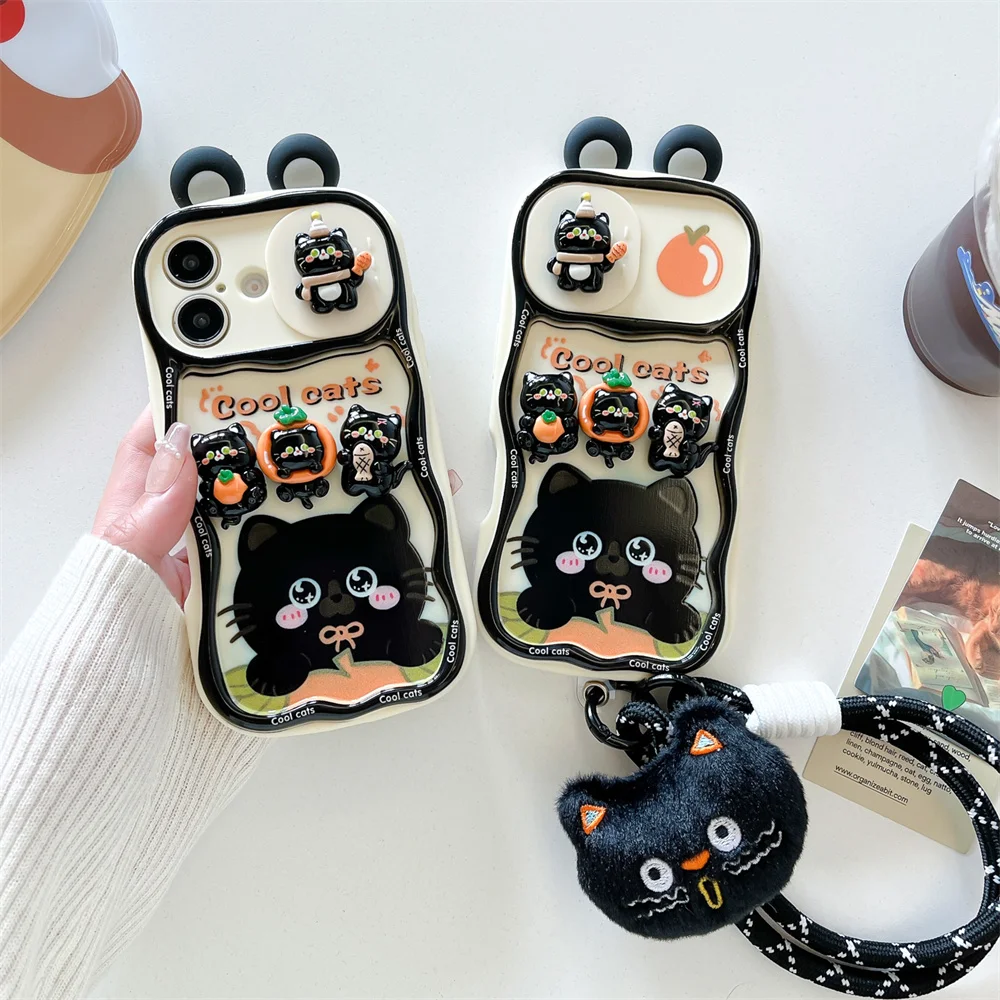 Adorable Cartoon Black Cat Push-Pull Lanyard Phone Case - Soft Protective Cover