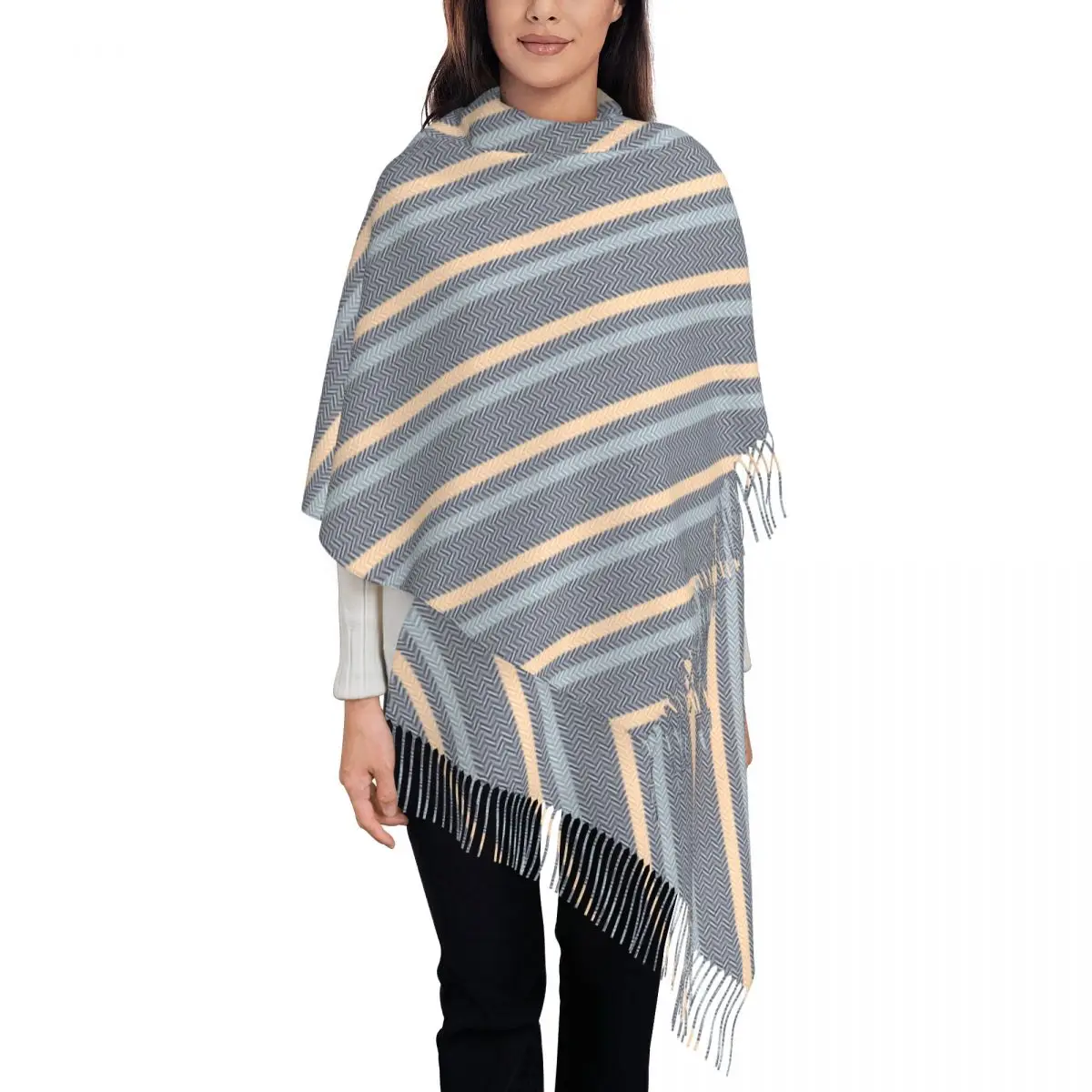 

Lady Scarf Warm Soft Stripe Pattern Head Scarves with Long Tassel Fashion y2k Cool Shawl Wraps Winter Design Bandana