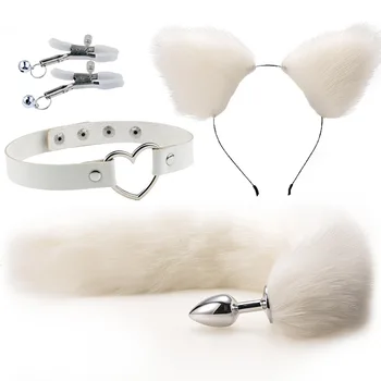 4pcs Sex Toys for Women Cute Fox Tail Anal Plug Cat Ears Headbands Set Nipple Clip Neck Collar Erotic Cosplay For Couples 3